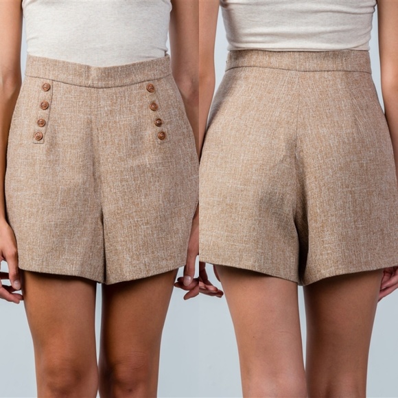 Waltham Woven Tweed Button High Waist Brown Shorts - Picture 6 of 7